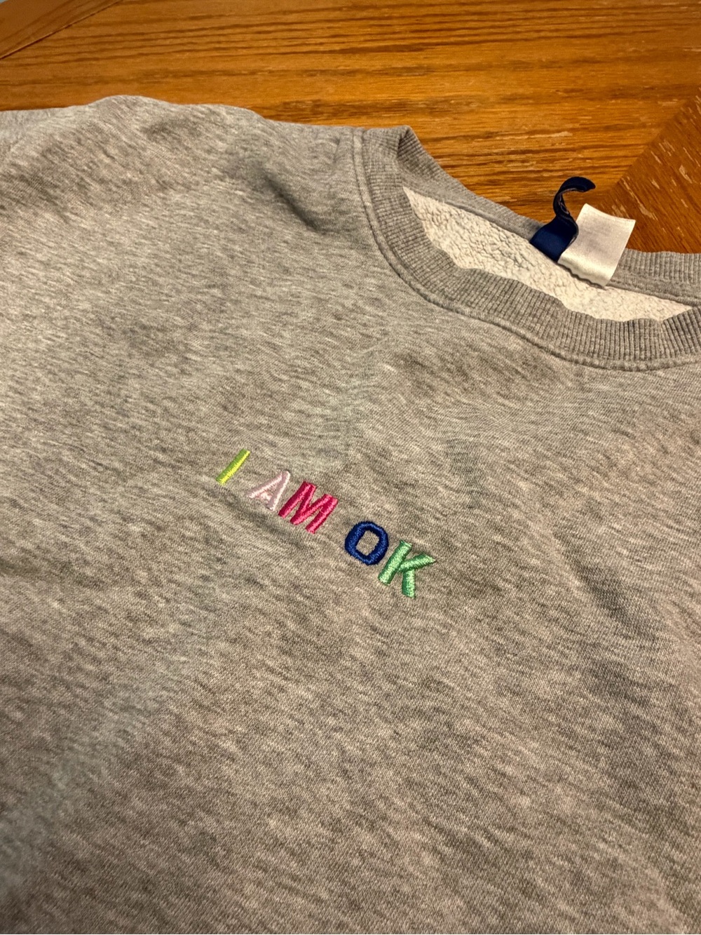 Divided Gray Crewneck Sweatshirt with Multicolor 'I AM OK' Embroidery